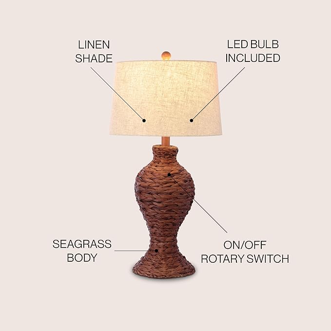 JONATHAN Y 31" Dark Brown Woven Water Hyacinth Table Lamp for Living Room, Coastal Farmhouse Urn Bedside Lamp with Gray Linen Drum Shade, LED Bulb Included (JYL1015B)