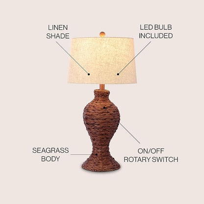 JONATHAN Y 31" Dark Brown Woven Water Hyacinth Table Lamp for Living Room, Coastal Farmhouse Urn Bedside Lamp with Gray Linen Drum Shade, LED Bulb Included (JYL1015B)