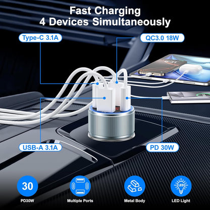 Car Phone Charger for iPhone 16 15, Besgoods USB C Car Charger Adapter 4 Ports with Voltmeter PD&QC Fast Charging Cigarette Lighter for Galaxy S25 S24 S23 A54 A15 Dash Cam, with 6ft USB C to C Cable