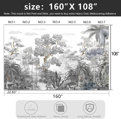 -Tropical Rainforest Botanical Grey Jungle Forest Fabric Wallpaper Living Room Palm Leaf Plant Bedroom Bathroom Large Wall Mural- 160"x108"（ not Peel and Stick）