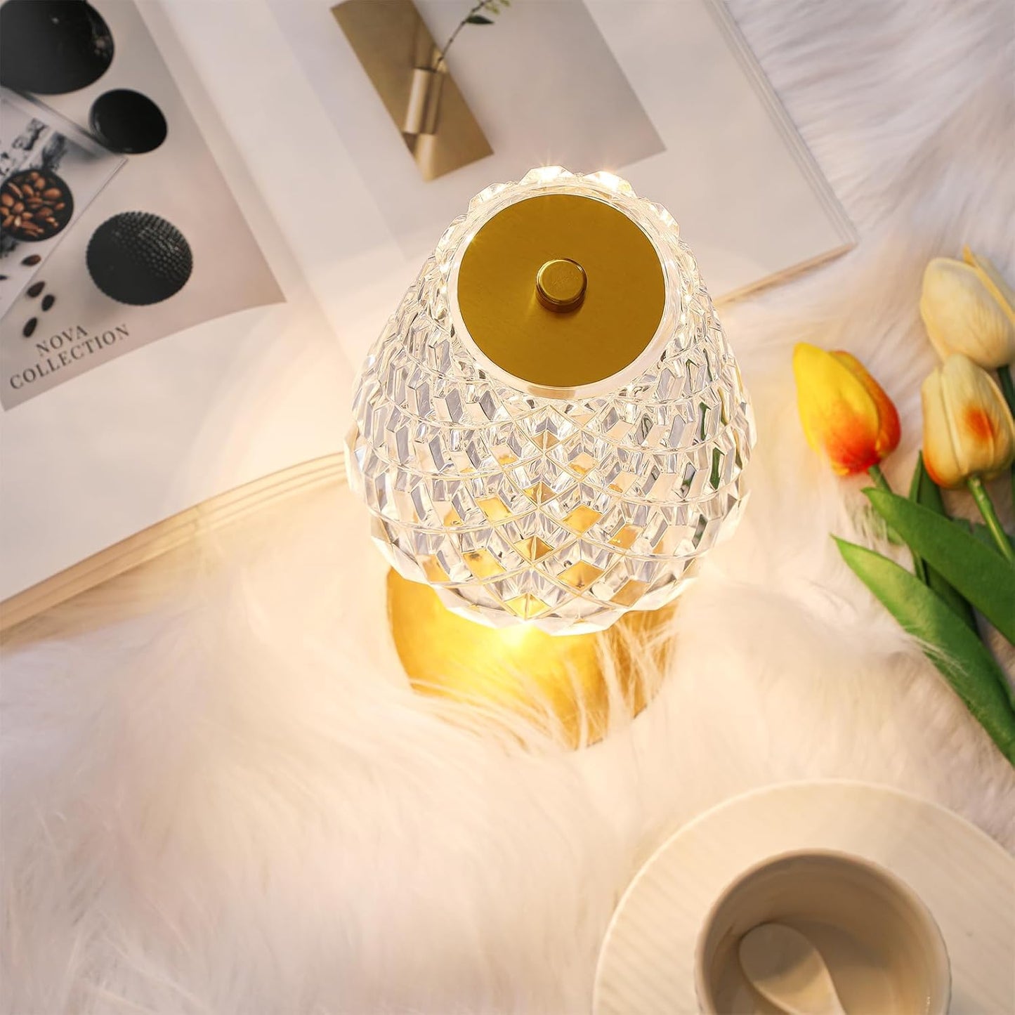 Liliful 2 Pcs LED Portable Cordless Table Lamp Touch Battery Operated Rechargeable Desk Lamp 3 Color Dimmable for Bedroom Living Room Dining (Diamond Style,Gold)