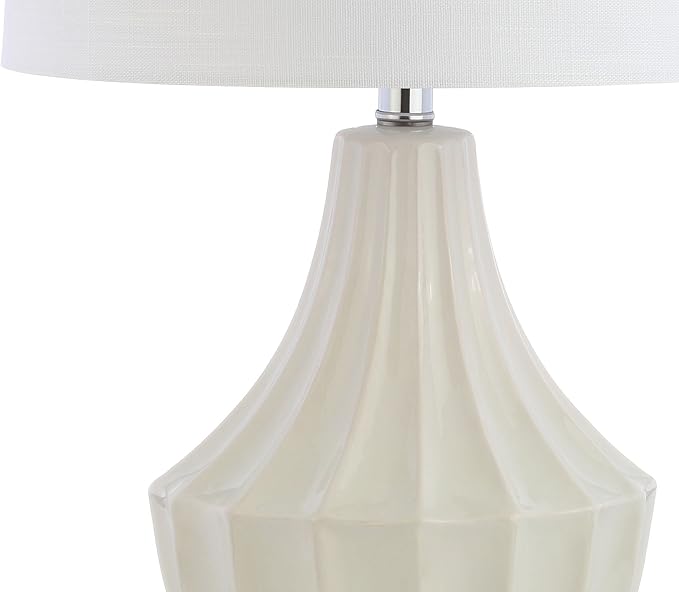 JONATHAN Y 24.5" Cream Ceramic Table Lamp for Bedroom, Modern Bedside Desk Lamp, White Linen Drum Shade, Fluted Gourd for Living Room, LED Bulb Included (JYL8018C)