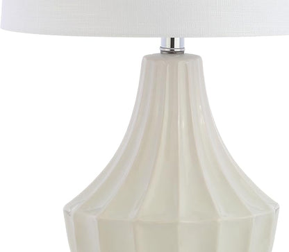 JONATHAN Y 24.5" Cream Ceramic Table Lamp for Bedroom, Modern Bedside Desk Lamp, White Linen Drum Shade, Fluted Gourd for Living Room, LED Bulb Included (JYL8018C)