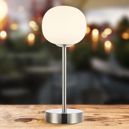 JONATHAN Y 12.25" Nickel Rechargeable Table Lamp, Modern Cordless LED Nightstand Lamp, White Glass Shade, Dimmable Portable Desk Lamp for Bedroom Living Room Dining JYL7108A
