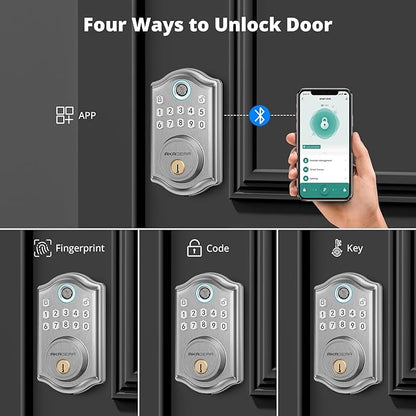DS10 Pro Keyless Entry Door Lock with APP Control - Fingerprint Electronic Keypad Door Lock, Smart Locks for Front Door, Auto-Lock & One Touch Locking with Bluetooth - Satin Nickel