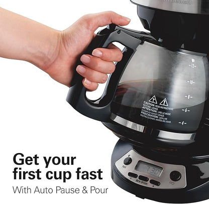 Hamilton Beach 12 Cup Programmable Drip Coffee Maker Machine, Regular & Bold Brew Options, Auto Pause and Pour, Glass Carafe, Black with Stainless Accents (46299J)