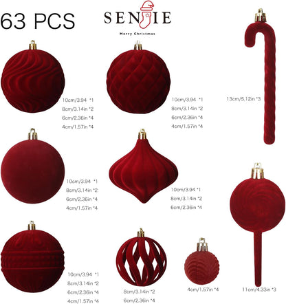 Senjie 63 PCS Velvet Ornaments Balls Sets for Christmas Tree Bulk Red Flocked Christmas Balls Assortment for Xmas Tree Holiday Decor