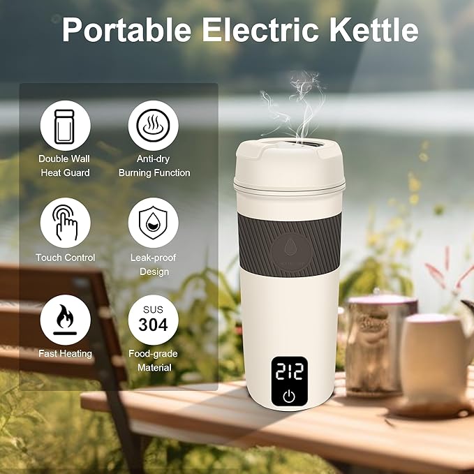Portable Electric Kettle, 350ML Mini Hot Water Boiler Heater, Travel Kettle with 4 Temperature Settings, 304 Stainless Steel Portable bottle Warmer with Auto Shut-Off & Boil-Dry Protection