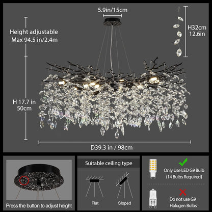 Modern Black Crystal Tree Branch Chandelier,14-Light 40" Black K9 Crystal Chandeliers for Living Room, Round Chandelier for Dining Room,High Ceiling,Kitchen Island,Foyer,Staircase