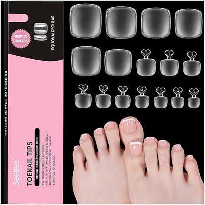 Beetles Toe Nail Tips Square - 16 Sizes 192 Pcs Full Cover Nail Tips Fake Acrylic Toe Nail Pre-etched Double Matte Press on Toenails, Soft Gel Toe Nail Extensions for Women