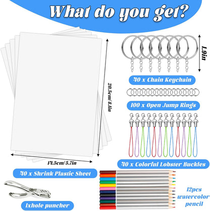 Natonhi 239Pcs Heat Shrink Plastic Sheets Keychain Kit, Including 40 Shrinky Art Paper,6 Traceable Picture, Hole Punch, Pencils, Keychains Accessories for Kids Shrinky Dinks Creative Craft Marking