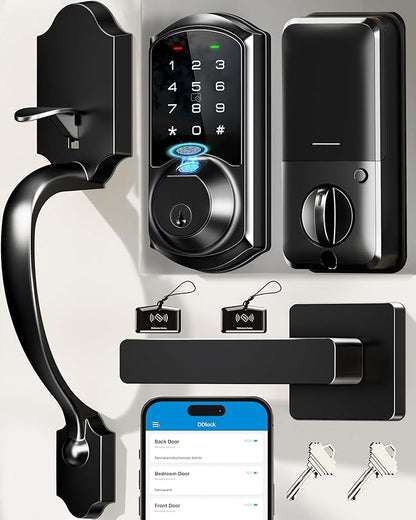 Veise VE07-H Fingerprint Smart Locks for Front Door with Handle Set, App Control, Keyless Entry Keypad Deadbolt, Digital Electronic Touchscreen, Easy Install, Auto Lock, Matte Black