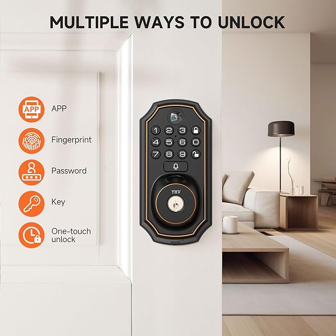 Keyless Entry Door Lock with Camera Fingerprint Smart Door Lock with App Remote Control, Wi-Fi Connected Electronic Keypad Code Deadbolt Auto Unlock for Front Door
