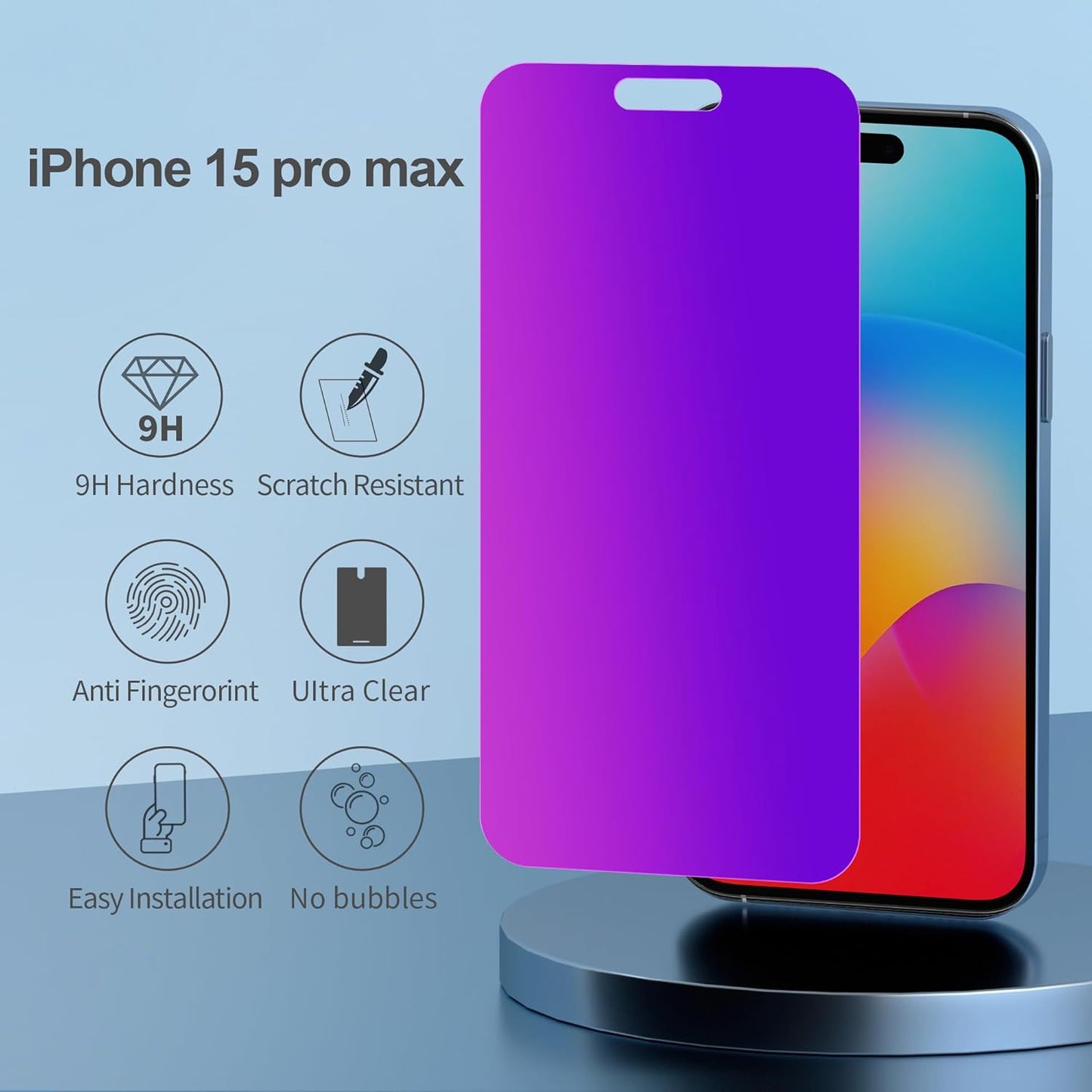 Compatible for iPhone 15 Pro Max Privacy Screen Protector Tempered Glass 6.7 Inch, Purple Gradient Anti Spy Anti Blue Light HD Easy Installation