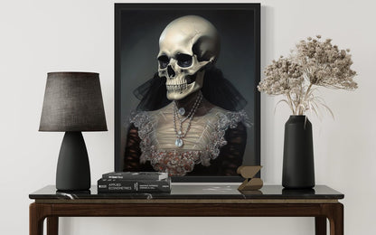 Female Skull Poster Art Print, Halloween Scary Vintage Wall Art Academia Spooky Painting Decoration for Horror Prints, Gothic Posters Bedroom Decor 89 (Female Skull, 11 x 14 inches, Black Frame)