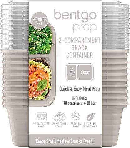 Bentgo Prep - 2-Compartment Snack Containers with Lids - Reusable, Microwaveable, Durable, PFAS & BPA-Free, Freezer and Dishwasher-Safe Meal Prep Food Storage - 10 Trays & 10 Lids (Clay)