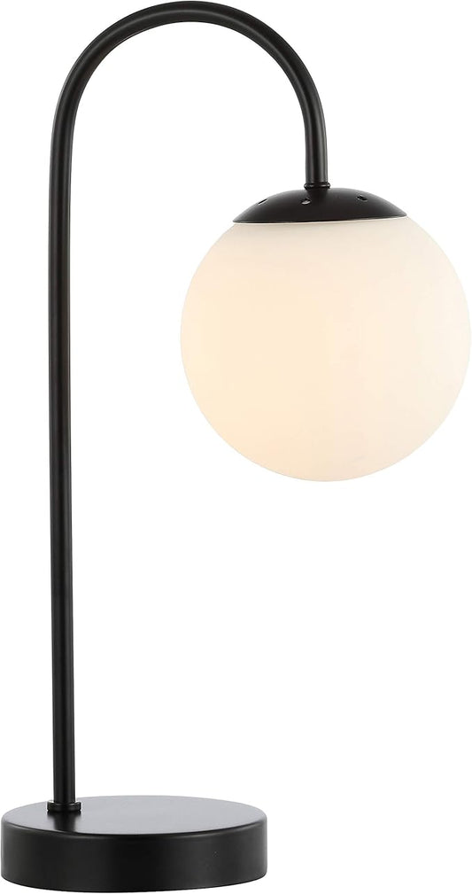 JONATHAN Y 18.25" Black Arco Arched Iron and Glass Globe LED Table Lamp, Minimalist Mid-Century Modern Desk Lamp for Living Room Bedroom, White Glass Shade, LED Bulb Included JYL6010A