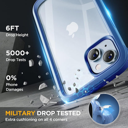 Miracase Glass Series for iPhone 14 Case 6.1 inch, [Built-in Tempered Glass Screen Protector] [Bubble Free] Full-Body Protective Bumper Phone Case with Camera Lens Protector, Blue