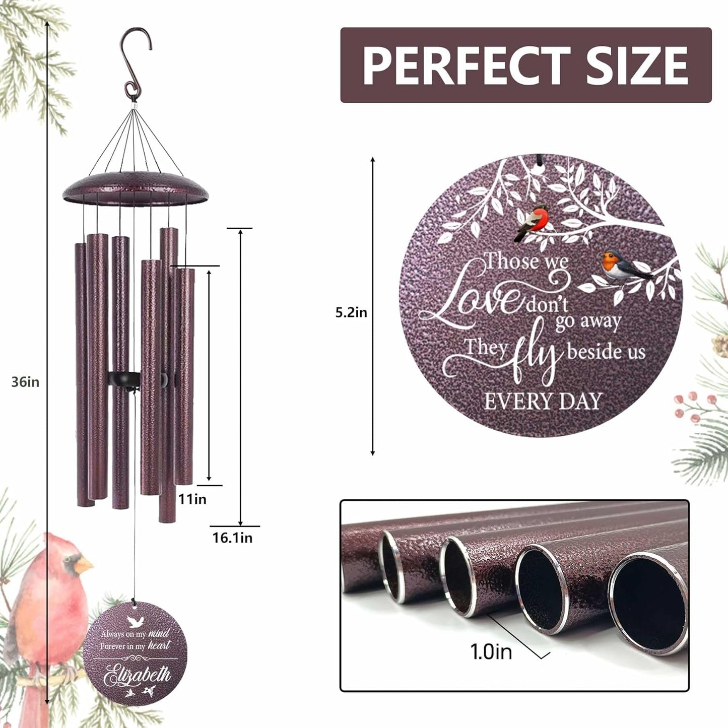 ASTARIN 36" Large Deep Tone Personalized Name Sympathy Wind Chimes, Cardinal Memorial Wind Chime for Loss of Mother Father Loved One, Bereavement Condolence Gifts Decor Outdoor Patio Garden