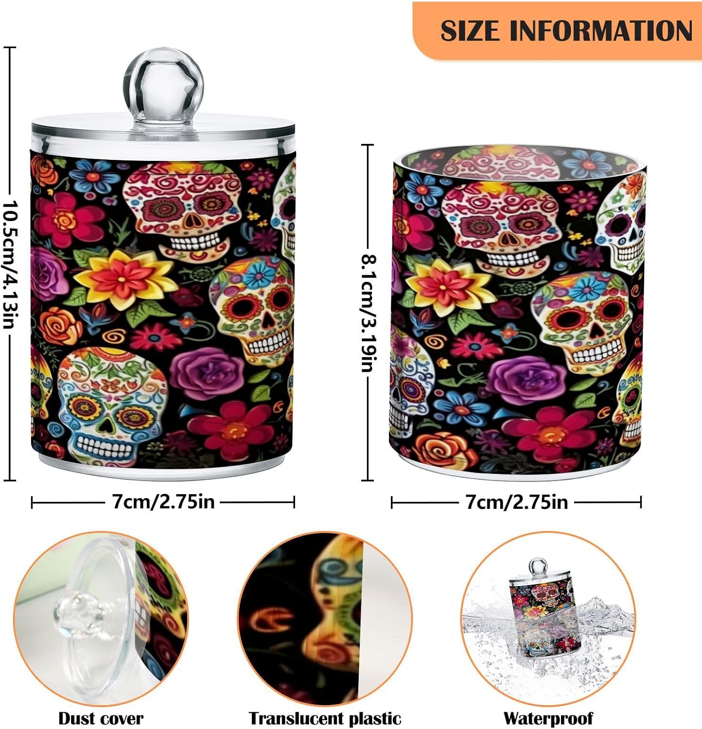 Colorful Skulls 2PC Airtight Transparent Plastic Storage Jar Food Storage Container Plastic for Food Herbs Tea etc with Storage Lid easy to use and clean With lid Easy To Use