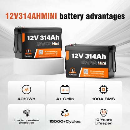 12V 314Ah LiFePO4 Lithium Battery Max. 4019Wh Energy, 15000+ Deep Cycles,100A BMS Lithium Iron Phosphate Rechargeable Battery Great for RV, Marine and Off Grid Applications, 4 PACK