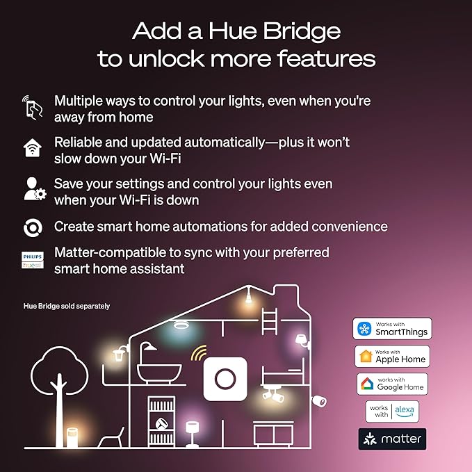 Philips Hue Smart LED A19 Bulb 2-Pack, White Color Ambiance, E26 Base, 7.2W, Full Spectrum Light 1000K-20000K, 810 Lumens, Dimmable, Works with Alexa, Google,& Apple Home