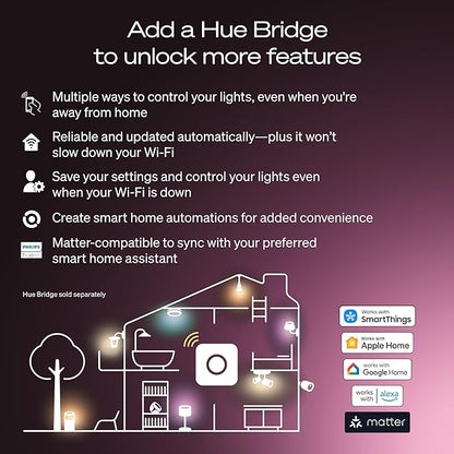 Philips Hue Smart LED A19 Bulb 2-Pack, White Color Ambiance, E26 Base, 7.2W, Full Spectrum Light 1000K-20000K, 810 Lumens, Dimmable, Works with Alexa, Google,& Apple Home