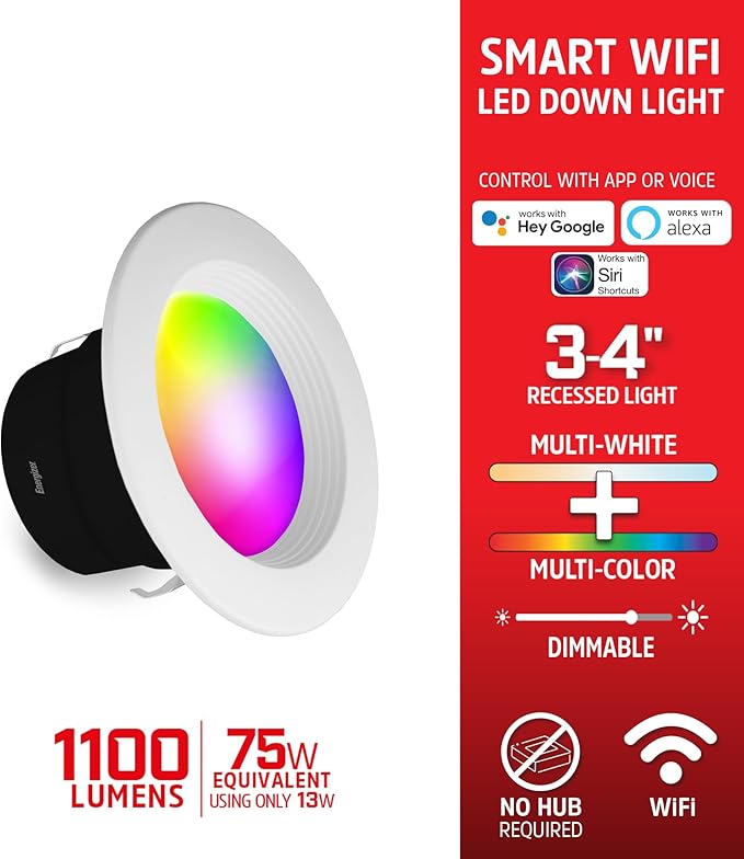 Energizer Smart Recessed Downlight, 3”-4” BR30 Multi-Color & Multi-White Wi-Fi LED Bulb, E26 Screw Base, 1100 Lumens, 11W, 75W Equivalent, App & Voice Control with Alexa Google Siri, Scheduling & More