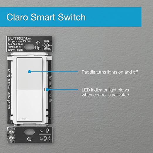 Lutron Claro Smart Light Switch for Caseta Lighting, for LED Lights, Fans, 5 Amp, Single-Pole/3-Way, Neutral Required, DVRF-5NS-BL, Black