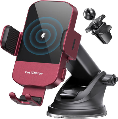 CHGeek Wireless Car Charger, 15W Fast Charging Auto Clamping Car Charger Phone Mount Phone Holder fit for iPhone 15 14 13 12 11 Pro Max Xs, Samsung Galaxy S25 Ultra S24 S23 S22, S21, S20, Red