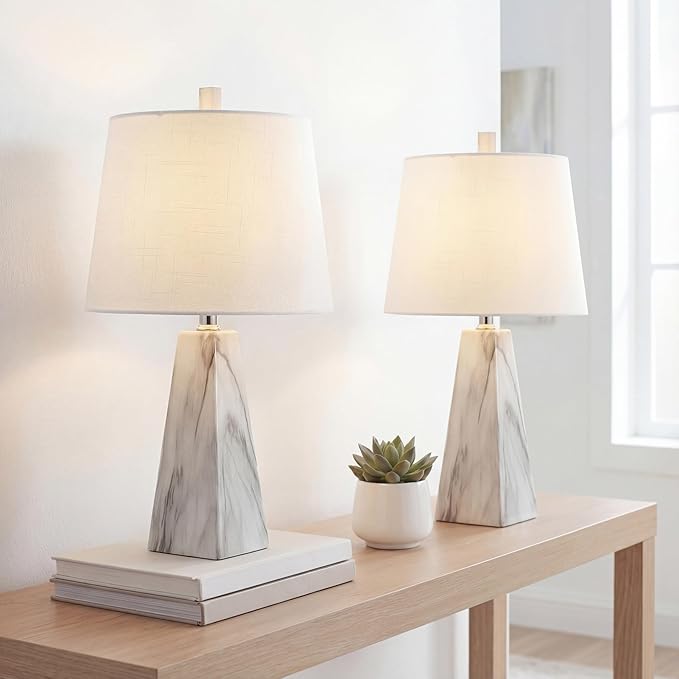 JONATHAN Y 20.5" White Marble Finish Modern Resin Table Lamp for Bedroom Living Room, Contemporary Faceted Bedside Lamp with White Linen Shade, LED Bulb Included (JYL1037A-SET2)