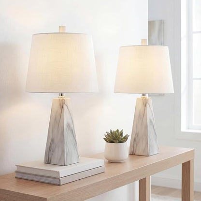 JONATHAN Y 20.5" White Marble Finish Modern Resin Table Lamp for Bedroom Living Room, Contemporary Faceted Bedside Lamp with White Linen Shade, LED Bulb Included (JYL1037A-SET2)
