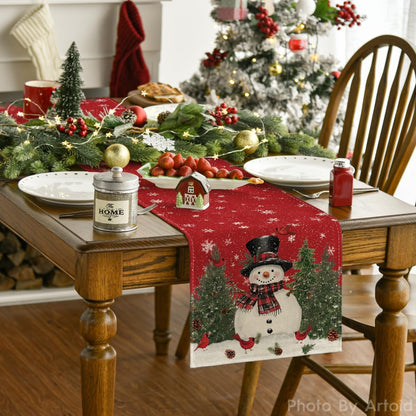 Artoid Mode Snowman Christmas Birds Trees Table Runner, Seasonal Winter Xmas Holiday Kitchen Dining Table Decoration for Indoor Outdoor Home Party Decor 13 x 120 Inch