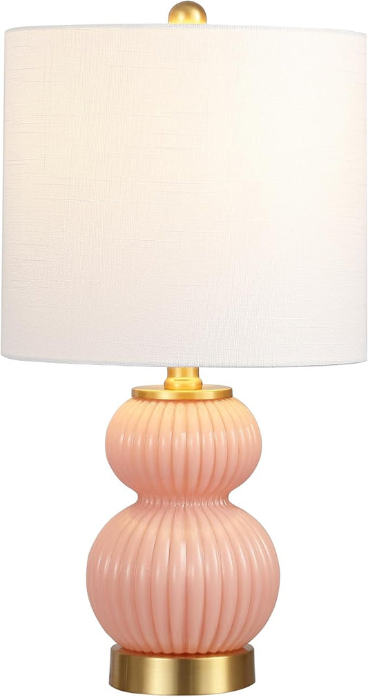 JONATHAN Y 20" Pink/Brass Gold Ribbed Gourd Glass Table Lamp, Modern Bedside Lamp for Bedroom Living Room, White Linen Drum Shade, LED Bulb Included (JYL1099B)