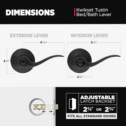 Kwikset Tustin Interior Privacy Door Handle with Lock, Door Lever For Bathroom and Bedroom, Matte Black Reversible Keyless Push Button Lock Door Lever, with Microban Protection