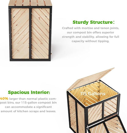 115 Gallon Solid Wood Composter, Outdoor Compost Bin with Pull-Out Door and Flip-Top Lid, Heavy Duty Composting Bin for Outside Backyard, Garden, Patio, Natural