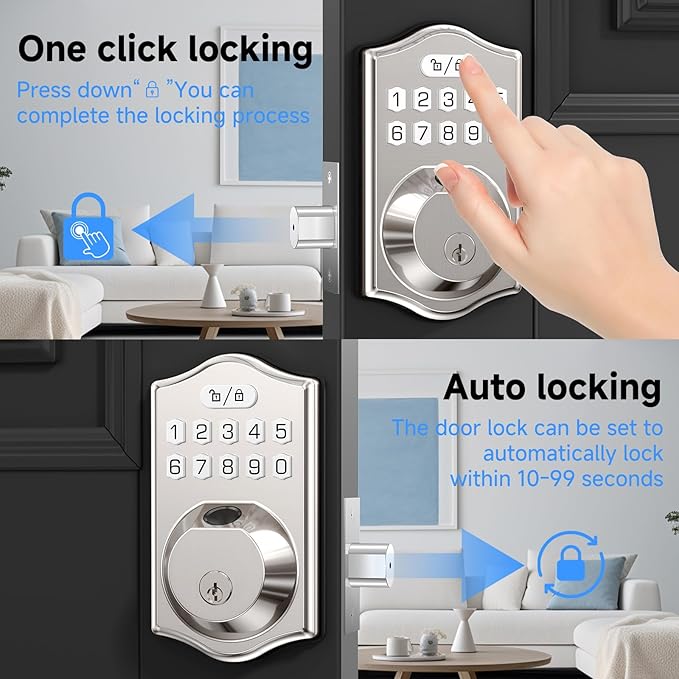 keyless Entry Door Lock deadbolt with Handle Set- Front Door Fingerprint Smart Locks with 2 Lever Handles-Keypad Code Deadbolt -App Control,Auto Lock,Easy to Install (Silver)