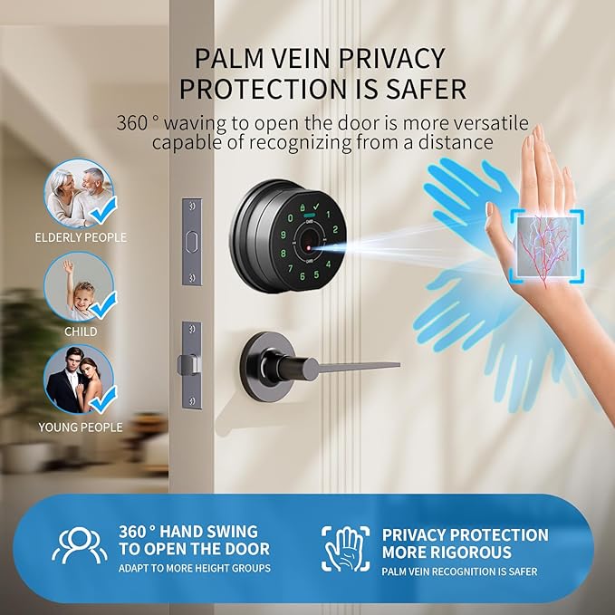 Keyless Entry Door Lock,Keypad with Code & Palm Vein Recognition Smart Deadbolt,Smart Front Electronic Deadbolt,Bluetooth Digital biometric Door Lock,Waterproof Auto Lock (K10 Double Black)