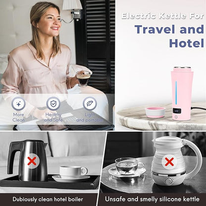 Dual Voltage Travel Kettle, 110-240V Portable Electric Kettle with LCD Display, 4 Temperature Settings, 4 Colors LED for Global Use (350ML)