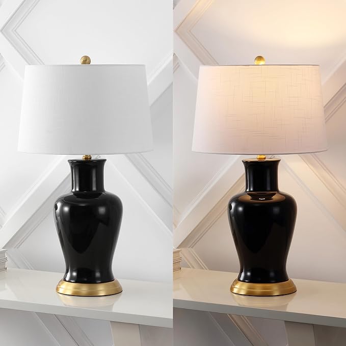 JONATHAN Y 29" Black Traditional Ceramic Urn LED Table Lamp for Bedroom Decor, White Linen Drum Shade, Classic Nightstand Lamp for Living Room, LED Bulb Included (JYL4026F)