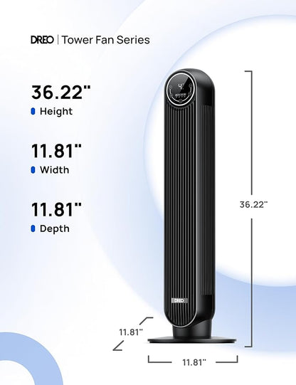 DREO Tower Fan for Bedroom, 2026 Upgraded DC Motor, 28ft/s High Velocity, 20dB Ultra Quiet Standing Fan, 8 Speeds 4 Modes, 90° Oscillating Bladeless Fan for Indoors, Floor Fans with Remote, Black