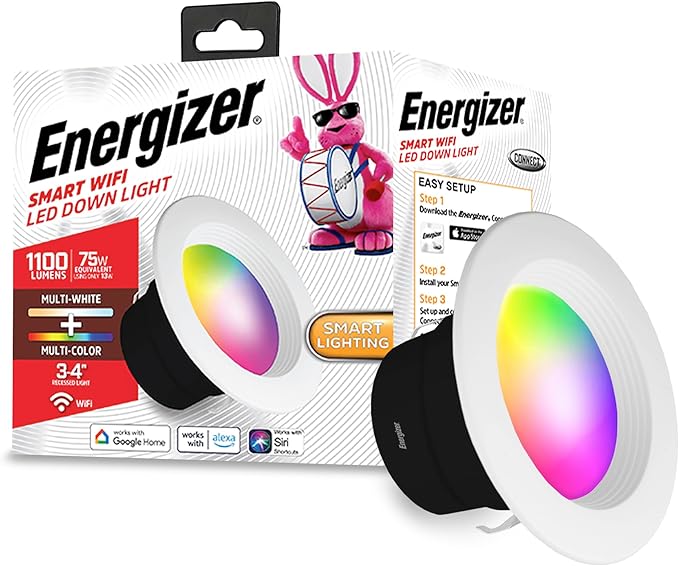 Energizer Smart Recessed Downlight, 3”-4” BR30 Multi-Color & Multi-White Wi-Fi LED Bulb, E26 Screw Base, 1100 Lumens, 11W, 75W Equivalent, App & Voice Control with Alexa Google Siri, Scheduling & More