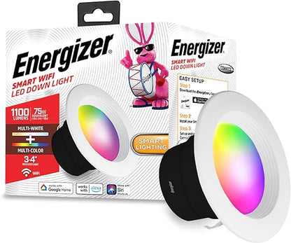 Energizer Smart Recessed Downlight, 3”-4” BR30 Multi-Color & Multi-White Wi-Fi LED Bulb, E26 Screw Base, 1100 Lumens, 11W, 75W Equivalent, App & Voice Control with Alexa Google Siri, Scheduling & More