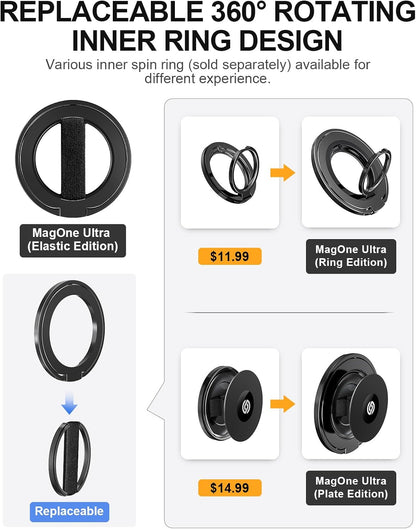 EWA MagOne Ultra Phone Grip Stand with Replaceable Elastic Finger Loop, Removable Magnetic Ring Holder Kickstand Loop, Double-Sided Magnetic Accessories for iPhone 16, 15, 14, 13 Pro/Max/Plus-Black