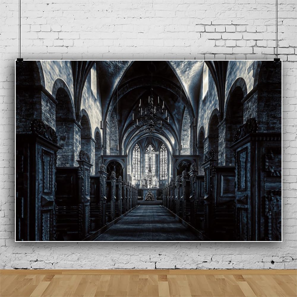 ChloropLastid 10x8ft Scary Church Halloween Backdrop Dark Black Horror Gothic Medieval Castle Interior Photography Background Halloween Night Carnival Theme Party Decor Banner Photo Studio Props