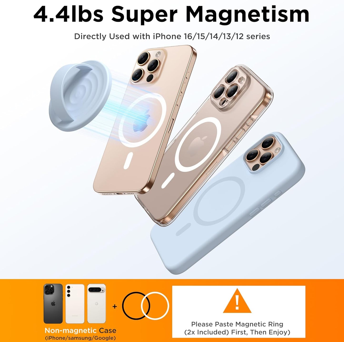 Magnetic Phone Ring Grip Holder, Silicone Finger Loop Grip, Compatible with MasSafe, Back of Phone for iPhone Pro Max/Plus/16/15/15/14/13/12 Series, Baby Blue