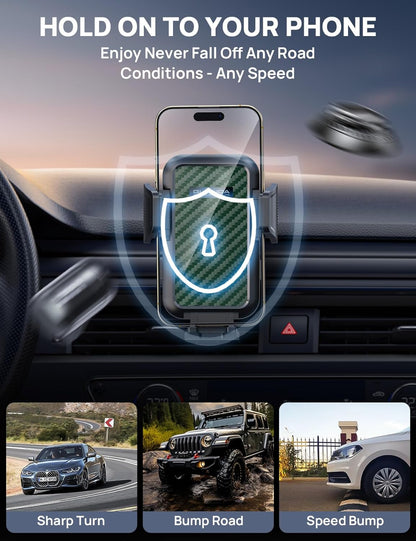 [2025 New] Dashboard Phone Holders for Your Car (+Vent Hook)[Military Grade Stable] Car Cell Phone Holder, Non-Slip Silicone Carbon Fiber Car Phone Mount, Rotatable Suction Cup for All Phone, Green