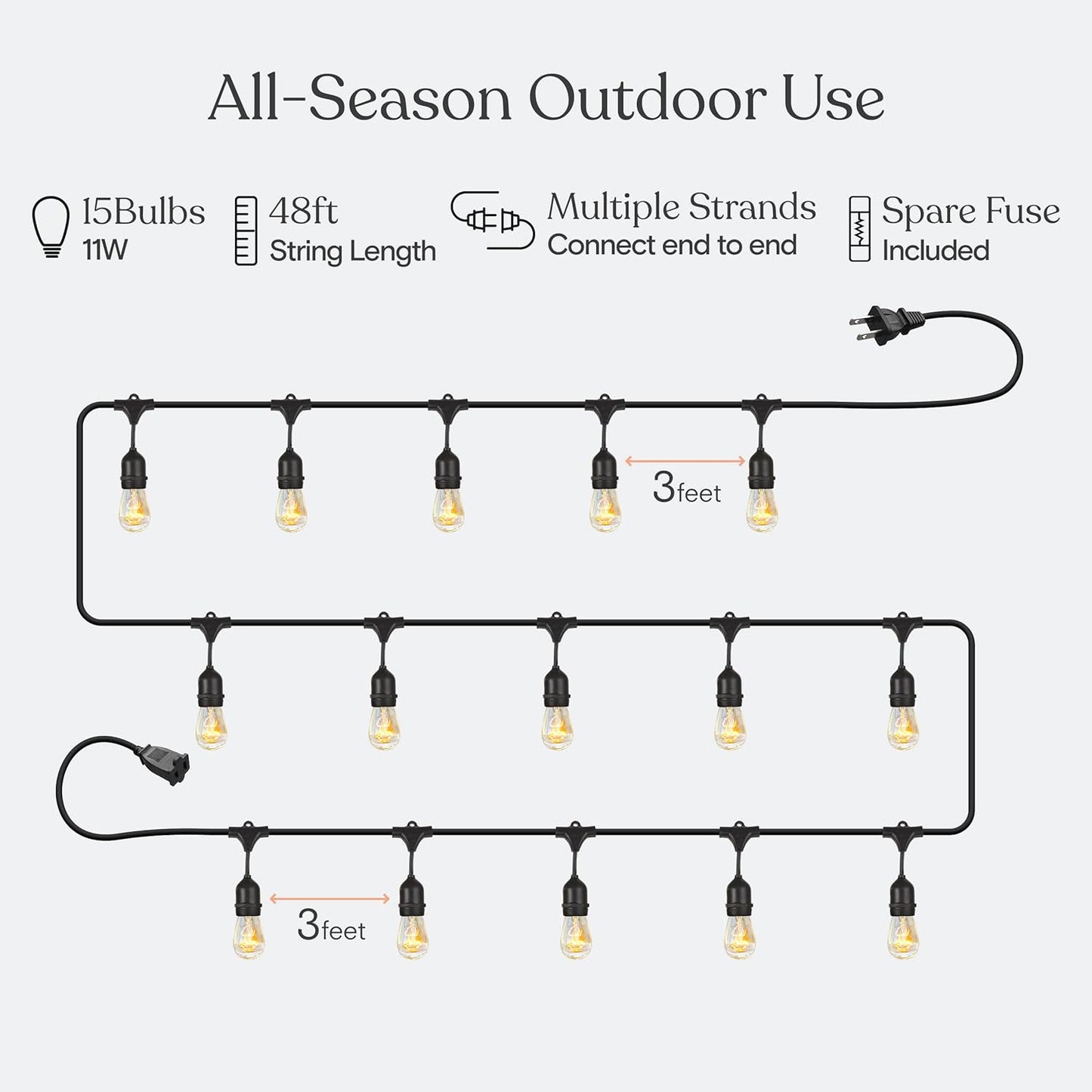Brightech Ambience Pro Incandescent Outdoor String Lights - Commercial Grade Waterproof Patio Lights with 48 Ft Dimmable Edison Bulbs, Porch String Lights for Patio, Backyard - 15 Bulbs 11W