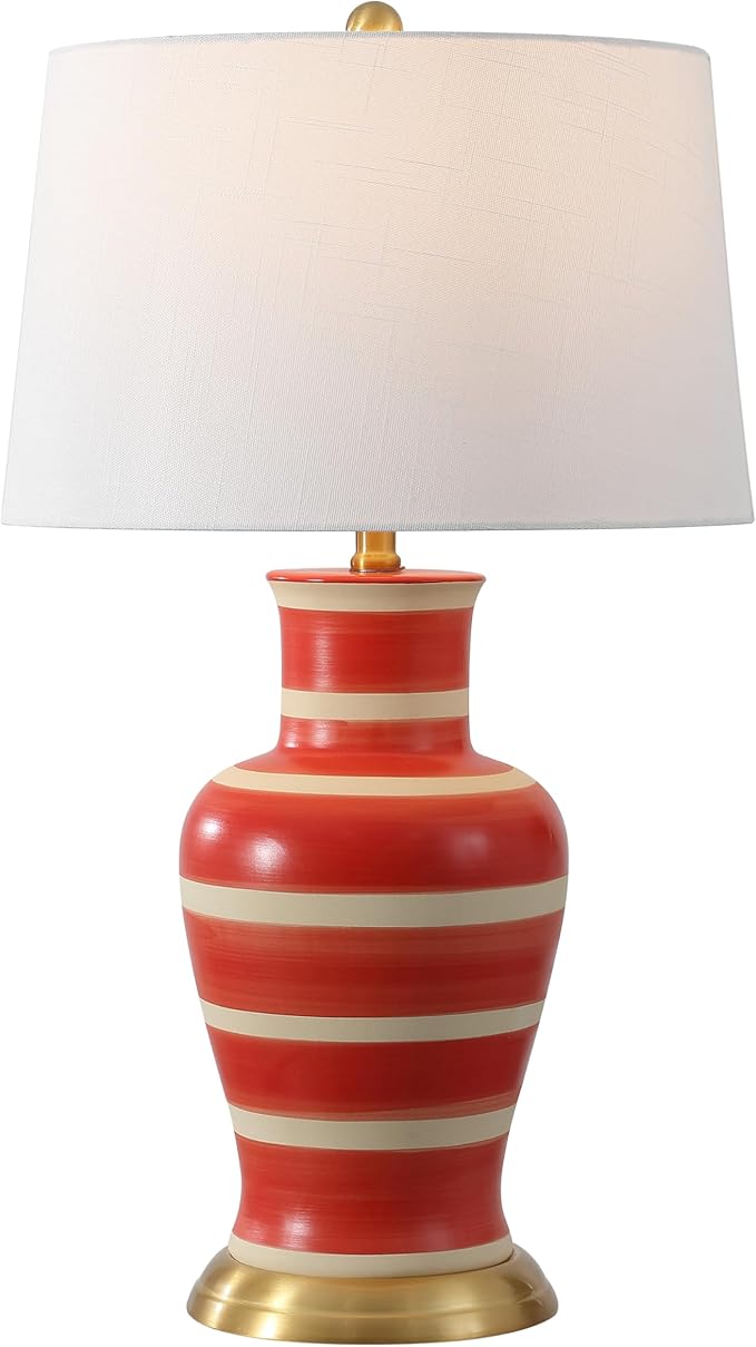 JONATHAN Y 29" Red/Beige Traditional Ceramic Urn LED Table Lamp for Bedroom Decor, White Linen Drum Shade, Classic Nightstand Lamp for Living Room, LED Bulb Included (JYL4026K)
