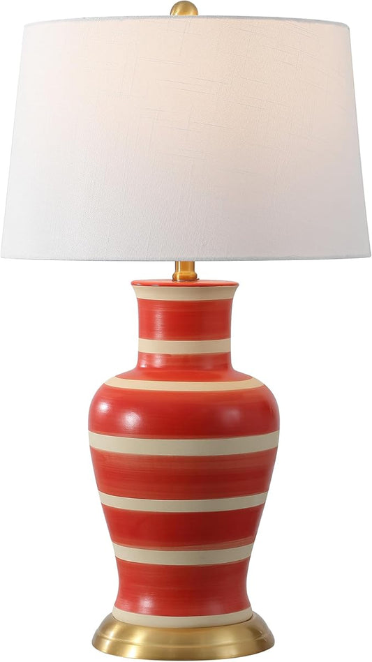 JONATHAN Y 29" Red/Beige Traditional Ceramic Urn LED Table Lamp for Bedroom Decor, White Linen Drum Shade, Classic Nightstand Lamp for Living Room, LED Bulb Included (JYL4026K)